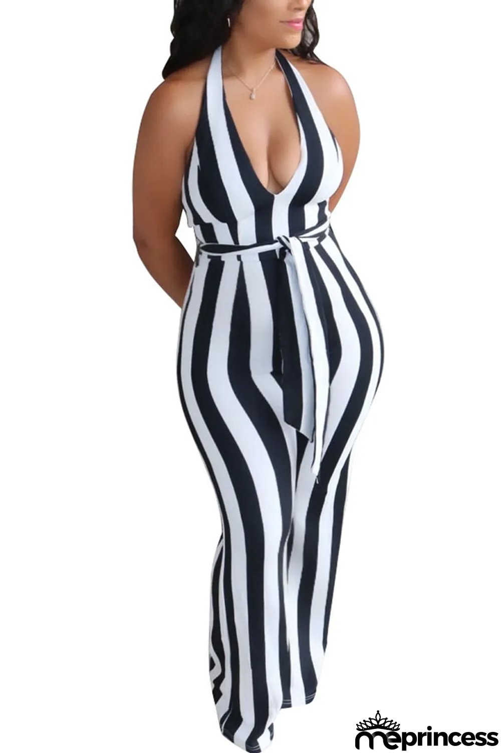 Black Fashion street Striped Backless Polyester Sleeveless V Neck Jumpsuits