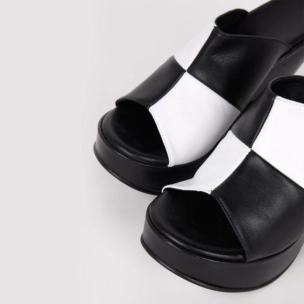 Black & White Round Toe Platform Wide Strap Mule Shoes for Women