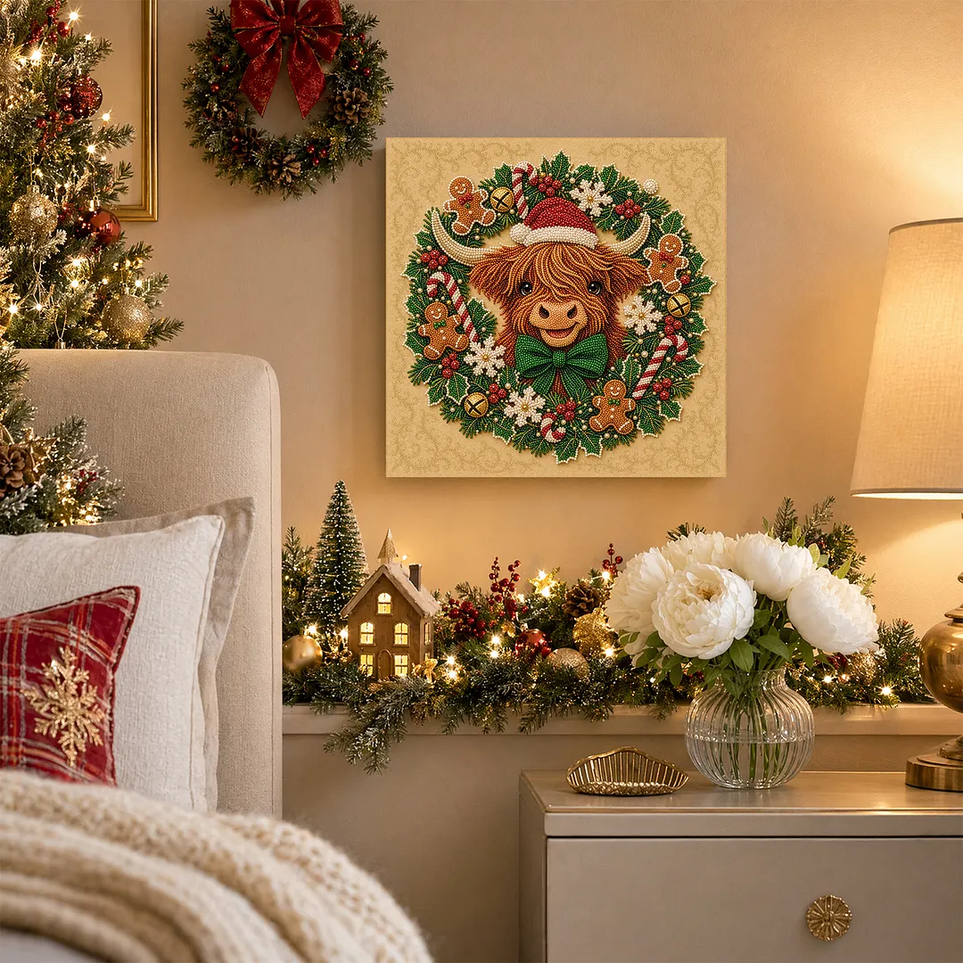 Framed Pearl Painting Kit Scottish Scotland Celtic Cow Christmas Wreath 7.87x7.87in