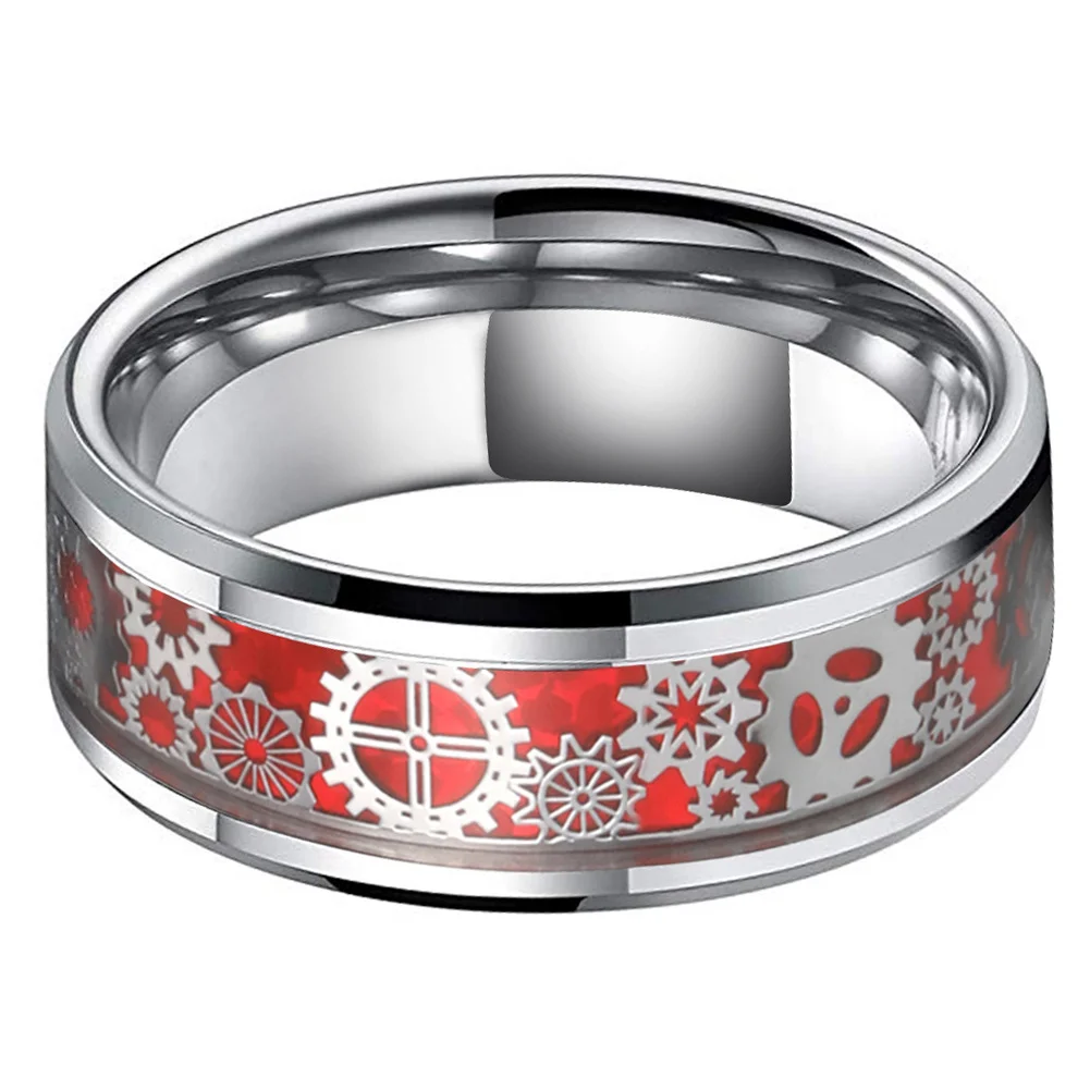 8MM Women's or Men's Tungsten Carbide Wedding Gear Rings Silver with Mechanical Gear Red Carbon Fiber