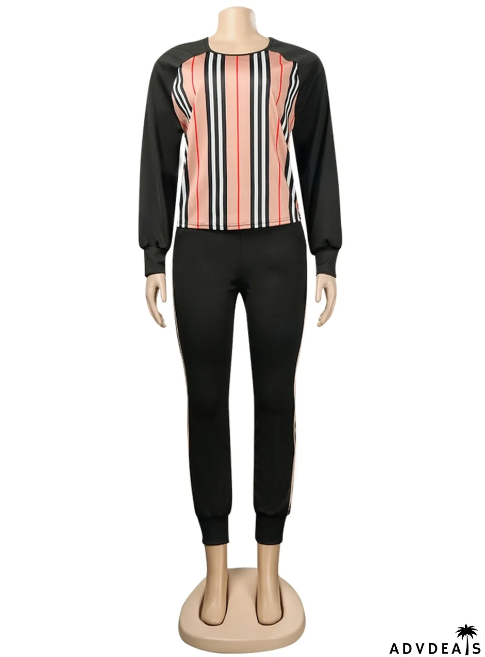 Winter Wholesale Womens Stripes Patch Black Long Sleeve Top And Pants Wholesale Womens 2 Piece Sets