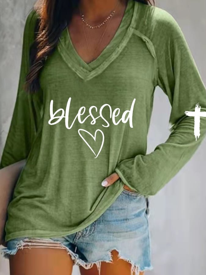 Women's Blessed Heart Print Long Sleeve T-Shirt