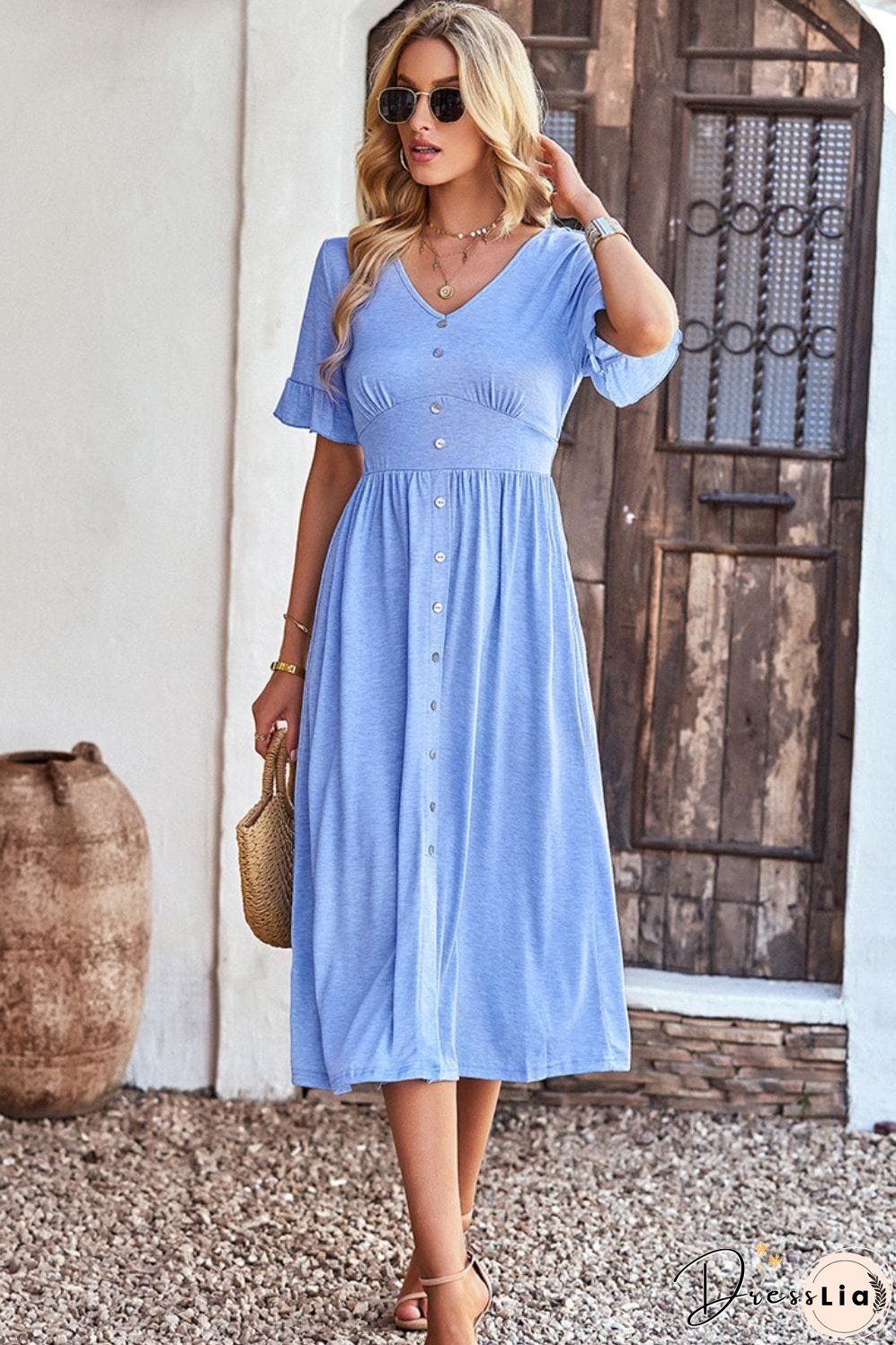 Gathered Detail Buttoned V-Neck Midi Dress