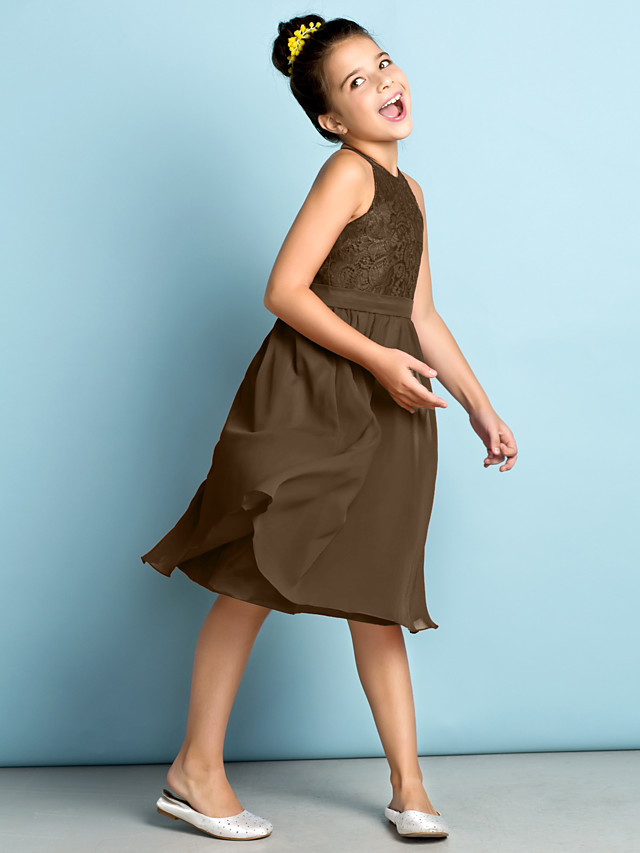 Daisda A-Line Jewel Neck Knee Length  Flower Girl Dress With Lace 