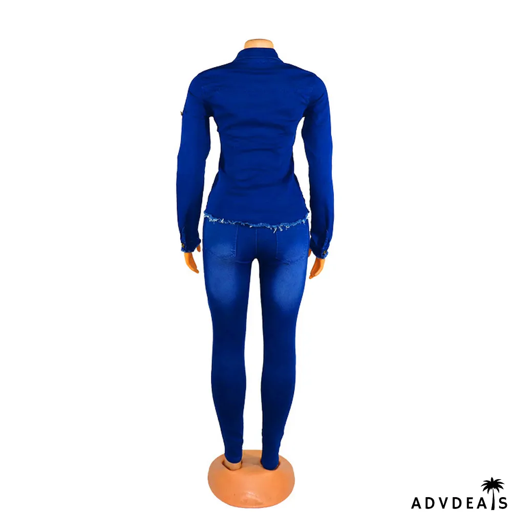 African Women Fashion Denim Long Sleeve Top and Pant Washed White Ripped Two Piece