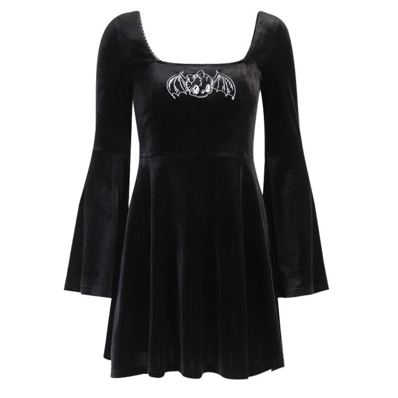 InsGoth Vintage Black Embroidery Mini Dress Goth High Waist Party Dress Aesthetic Velvet Flare Long Sleeve A Line Women Dresses