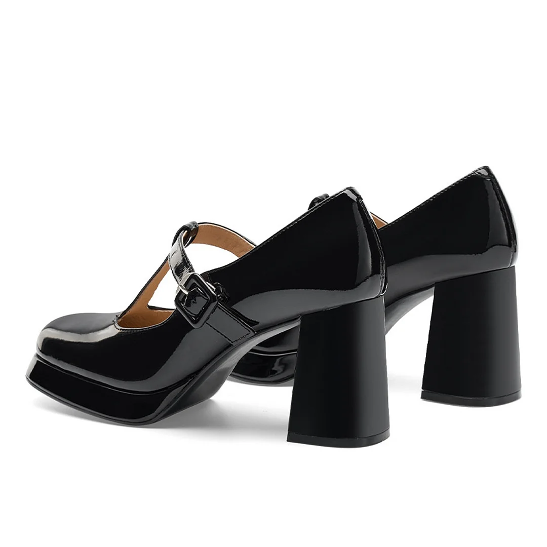 Patent Leather Square Toe Block Heel Platform Mary Janes in Black