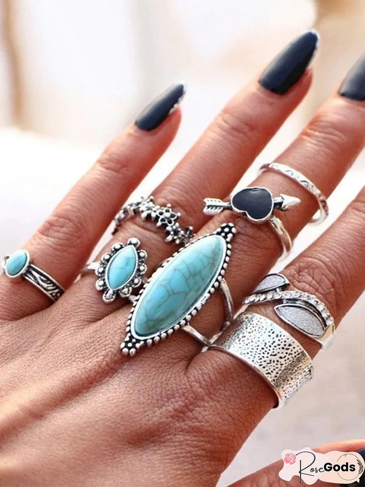 8Pcs Ethnic Style Turquoise Heart Ring Set Beach Holiday Jewelry