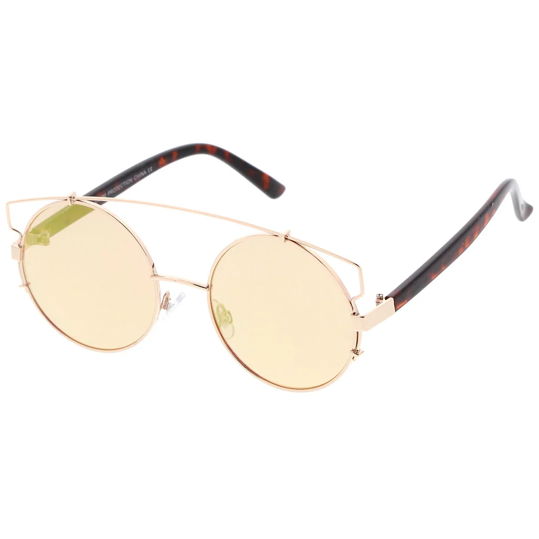 Midsize Metal Frame Horn Rimmed Crossbar Mirror Flat Lens Round glasses 53mm