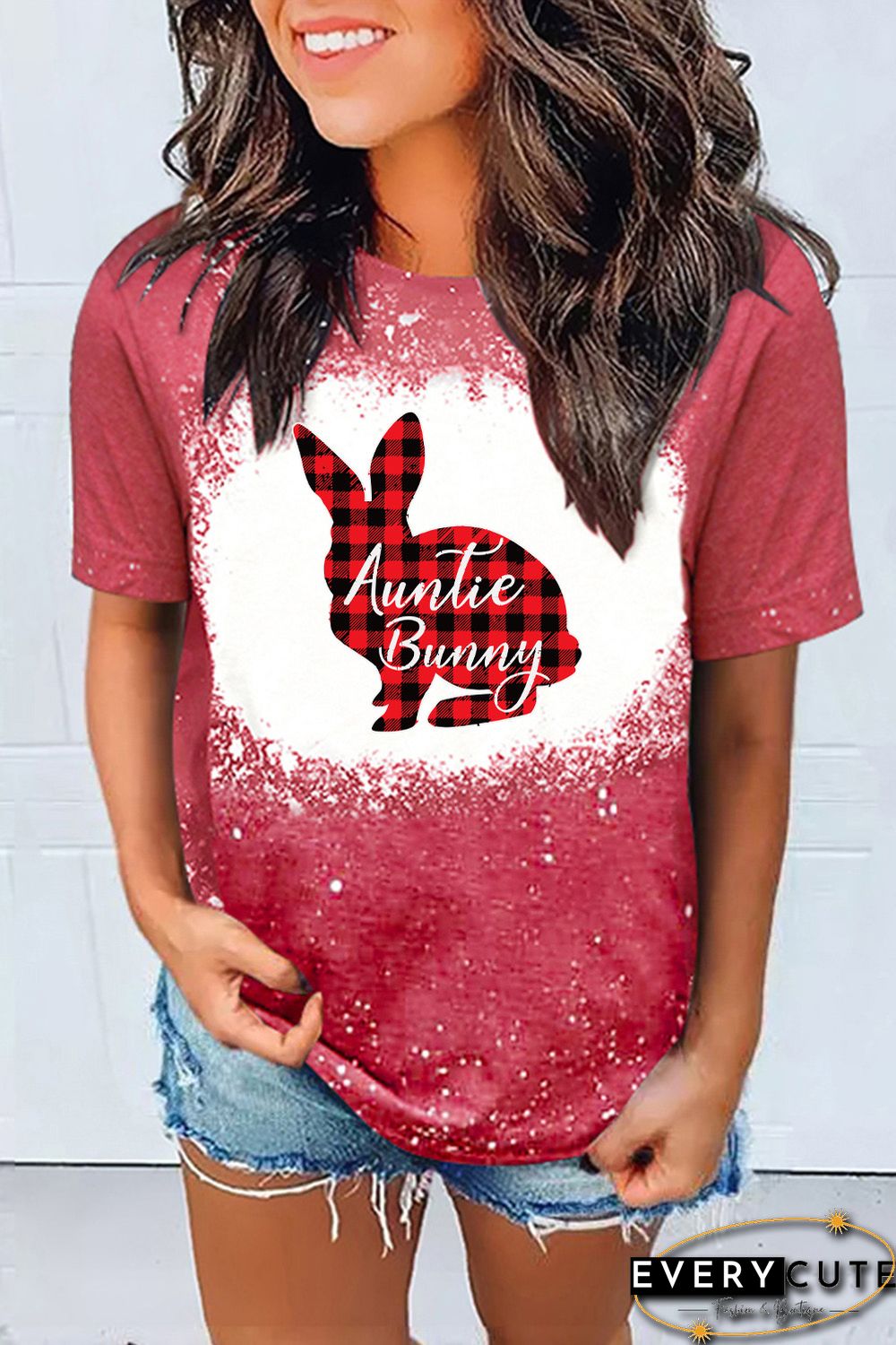 Red Auntie Bunny Plaid Graphic Print Short Sleeve Tee
