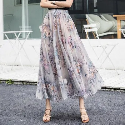 Women Skirts 2019 Summer Mesh Flower Print Elastic Waist Bohemian A-Line Sweet Chiffon Long Female Bottoms Ladies Casual Skirt