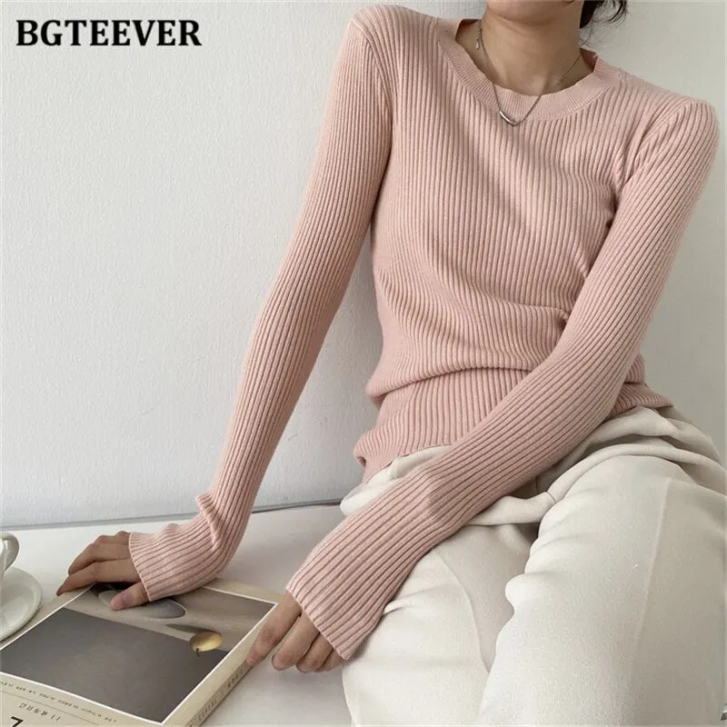 BGTEEVER Fashion New Autumn O-neck Slim Women Sweater 2021 Full Sleeve Stretched Casual Knitwear Skinny Female Knitting Tops