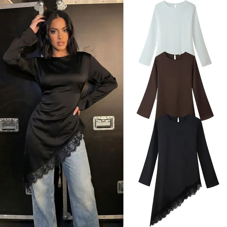 Solid Round Neck Long Sleeve Mid Waist Ruched Lace Splicing Irregular Midi Dress