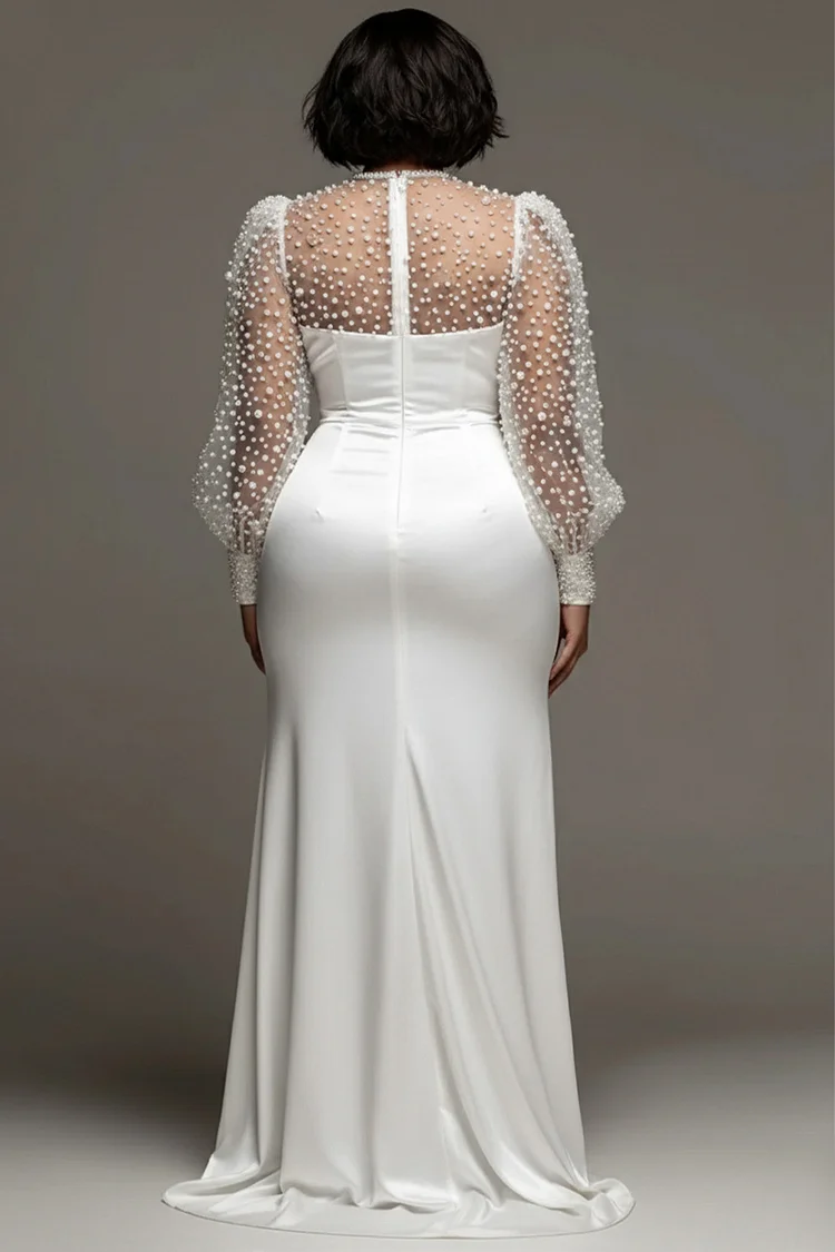 Xpluswear Design Plus Size Wedding Tulle White Round Neck Puff Sleeve Long Sleeve See Through Pearls Satin Maxi Dresses