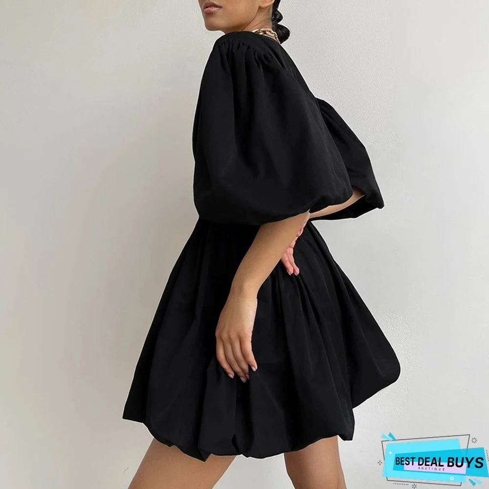 Bubble Sleeve Casual Women's Loose V-Neck Short Sleeve Dress White Dresses