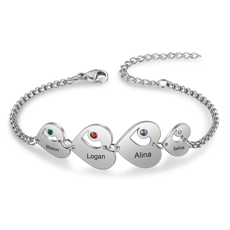  4 Names-Personalized Heart Bracelet with Birthstones Custom 4 Names Family Bracelet Gifts for Her