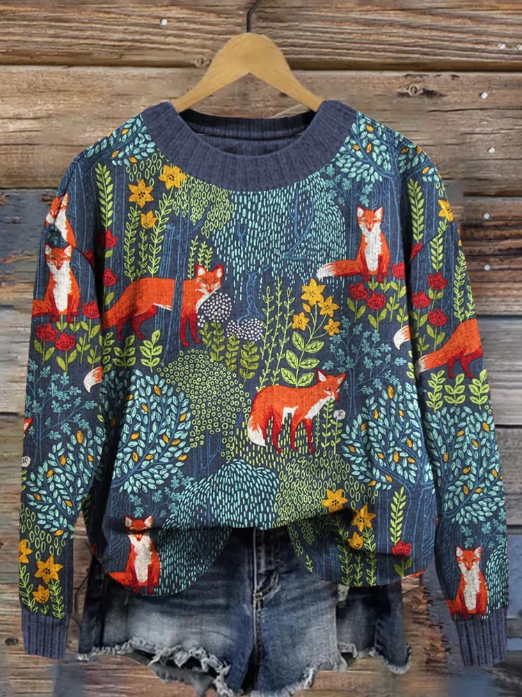 Comstylish Fox in the Forest Graphic Vintage Comfy Sweater
