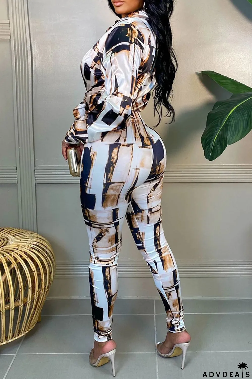 White Fashion Casual Print Basic Turndown Collar Long Sleeve Two Pieces