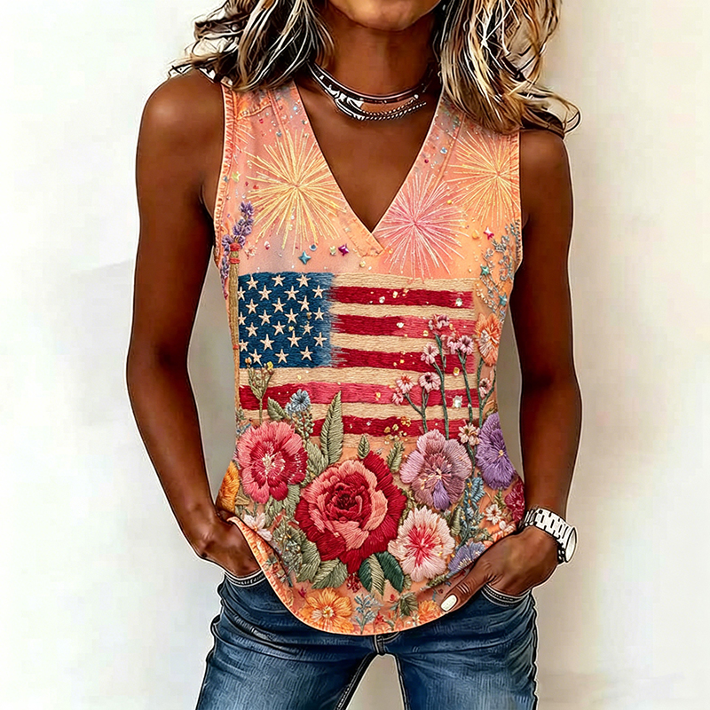  Women's Retro 1776 Independence Day Flag And Floral Print Casual Vest Westsshops
