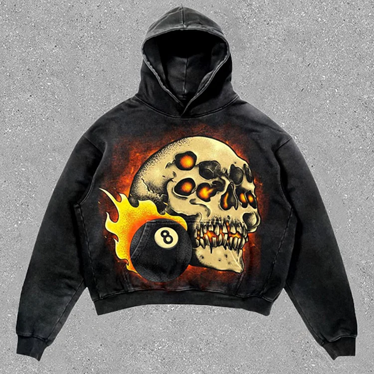 Relaxed Vintage Skull 8 Ball Graphic Gothic Hip Hop Casual Street Washed Hoodie