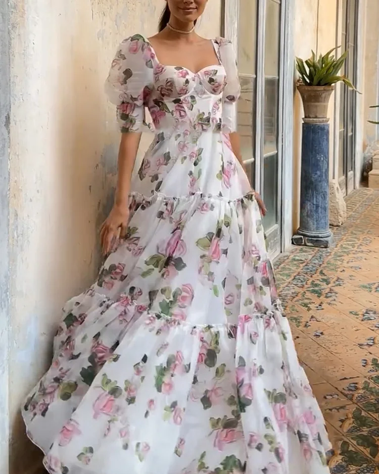 Women's printed puff sleeve dress