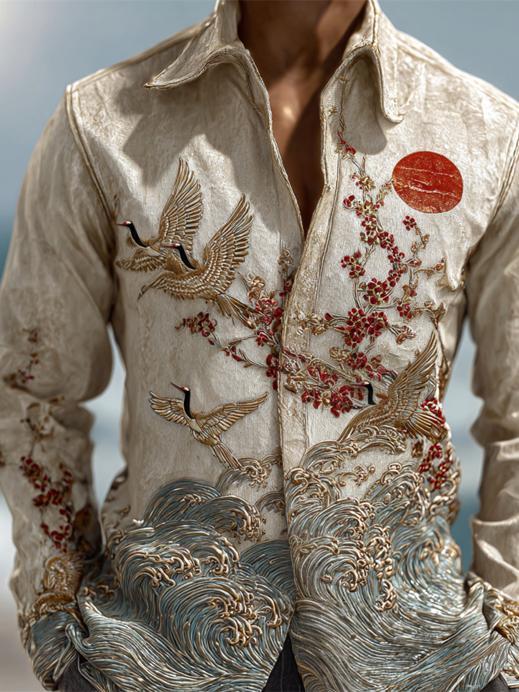 Vintage Japanese Crane & Flower Embroidery Men's Long Sleeve Shirt  artssus