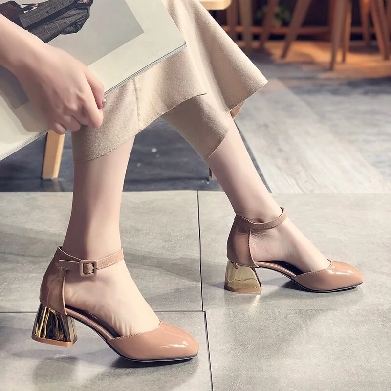 Colourp Spring Autumn Leather Pumps Shoes Mary Janes Square Toe Fashion Med Square Chunky Heels Sandals Office Lady Shoes
