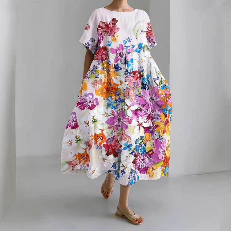 GLUDEAR Women's Colorful Splash Oil Paint Print Midi Dress – Short Sleeve, A-Line, S-4XL, Summer Casual