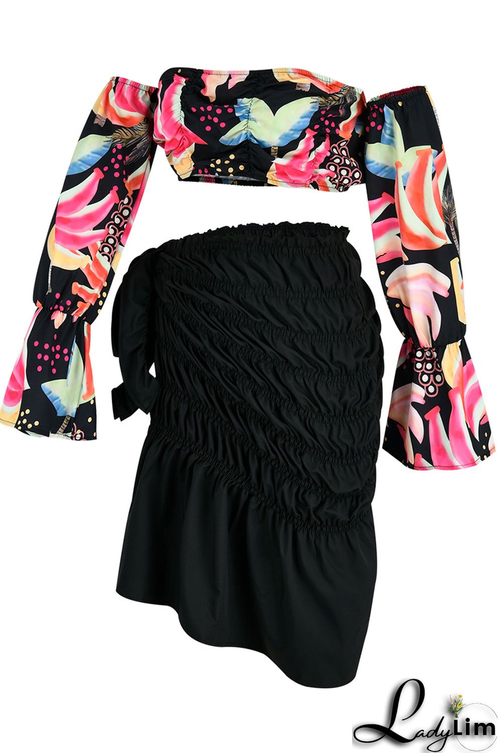 Orange Fashion Sexy Print Backless Slit Off the Shoulder Long Sleeve Two Pieces