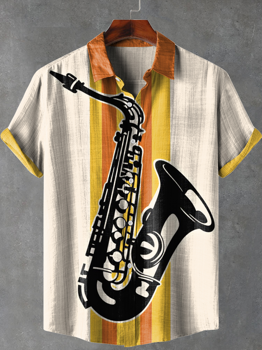 Saxophone Cartoon Art Print Casual 100% Cotton Shirt