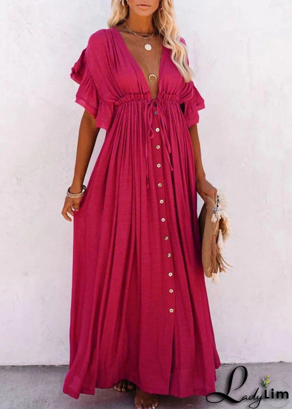 Rose red V Neck Button Maxi Dresses Short Sleeve