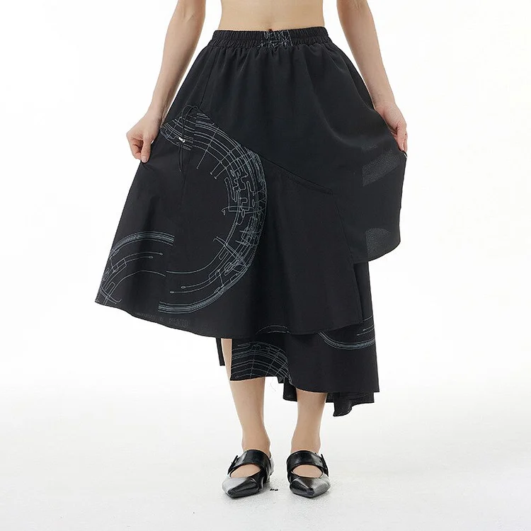Temperament Round Printed Asymmetrical Patchwork Irregular Hem Skirt 