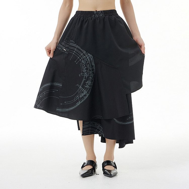 Temperament Round Printed Asymmetrical Patchwork Irregular Hem Skirt 