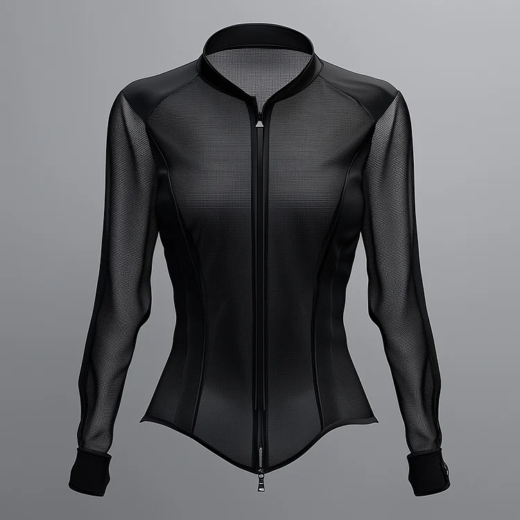 Ursime Stand Collar Long Sleeve Zipper See-Through Blouse