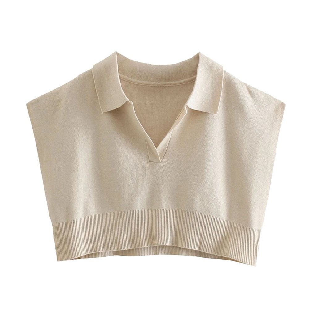 KPYTOMOA Women 2021 Fashion With Ribbed Trims Cropped Knitted Sweater Vintage Lapel Collar Sleeveless Female Pullovers Chic Tops