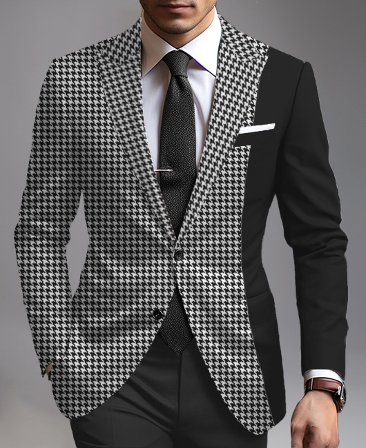 Business Peaked Lapel Two Button Houndstooth Pattern Patchwork Blazer