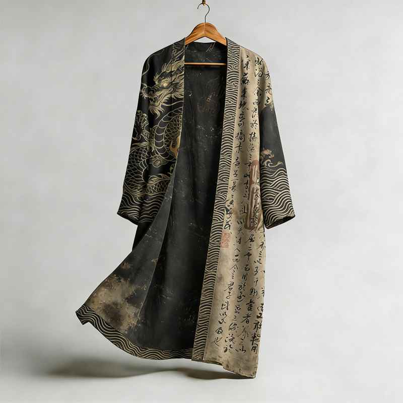 Men's Vintage Calligraphy Dragon Art Pattern Linen Blend Kimono  artssus