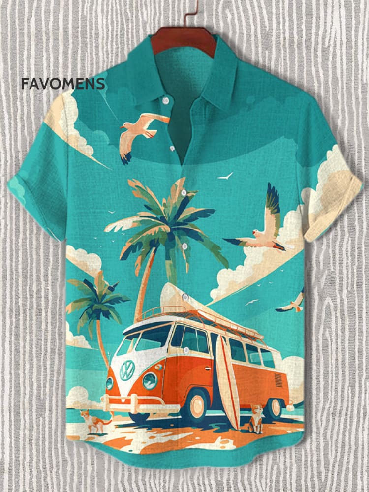 Men’s Vacation Style Seaside Bus Birds Cat Illustration Print Casual Shirt Blue / S