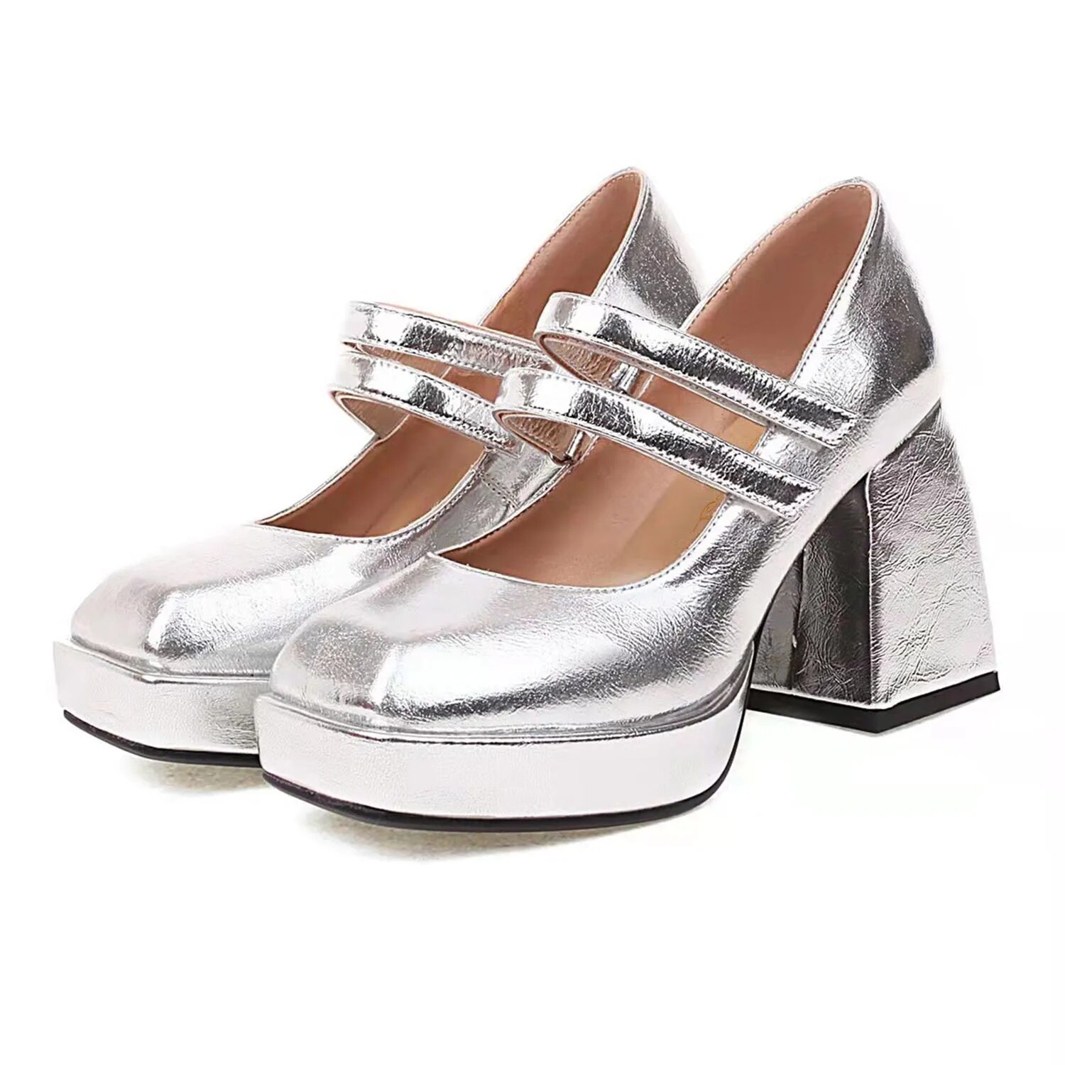 TAAFO Noble Silver Metallic Double Ankle Strap Womens Platform Mary Jane Pumps High Thick Heels Female Dress Party Shoes