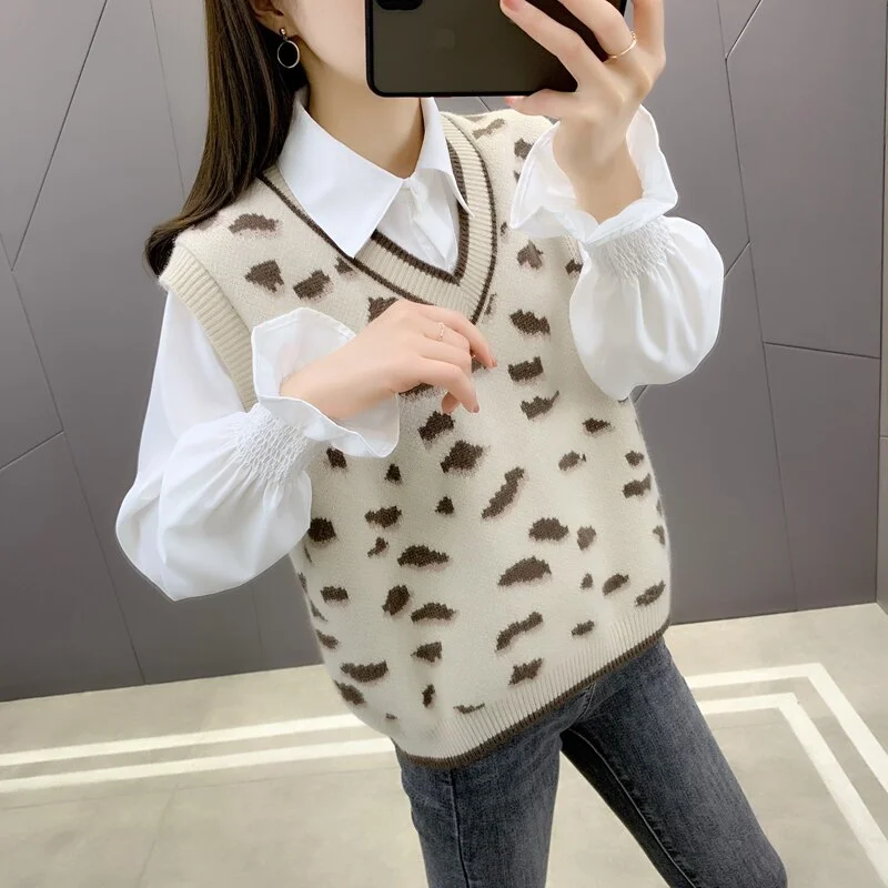 19906 (room 3, row 8, No.5) real shot leopard jacquard striped V-neck knitted vest 39