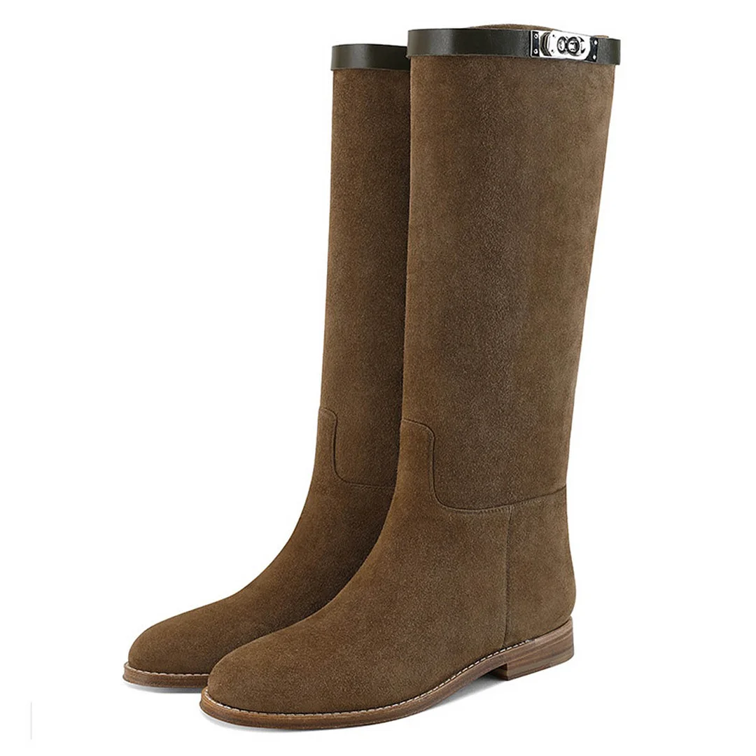 Brown Vegan Suede Knee High Closed Toe Flat Stylish Boots for Ladies