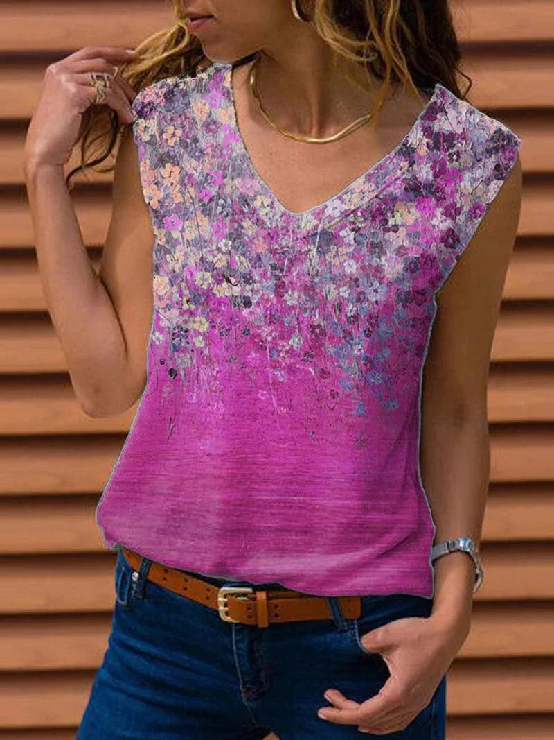 Uveng Loose Sleeveless V-neck Printed Vest T-shirt