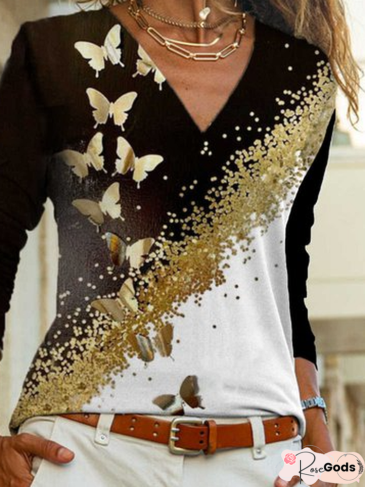 Butterfly V Neck Cotton-Blend Casual Shirts & Tops