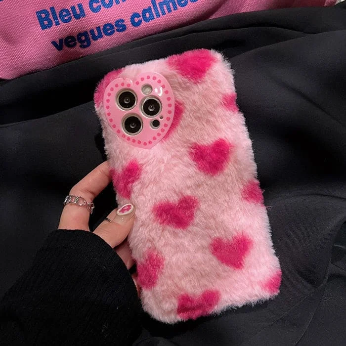 Pink Heart Furry Plush Phone Case
