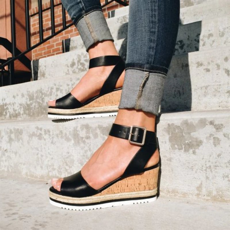 Qengg New Women's Sandals Fish Mouth Buckle Solid Color Wedge Flats Thick Sole Comfortable Casual Beach Shoes Plus Size Sandalia Nuvem