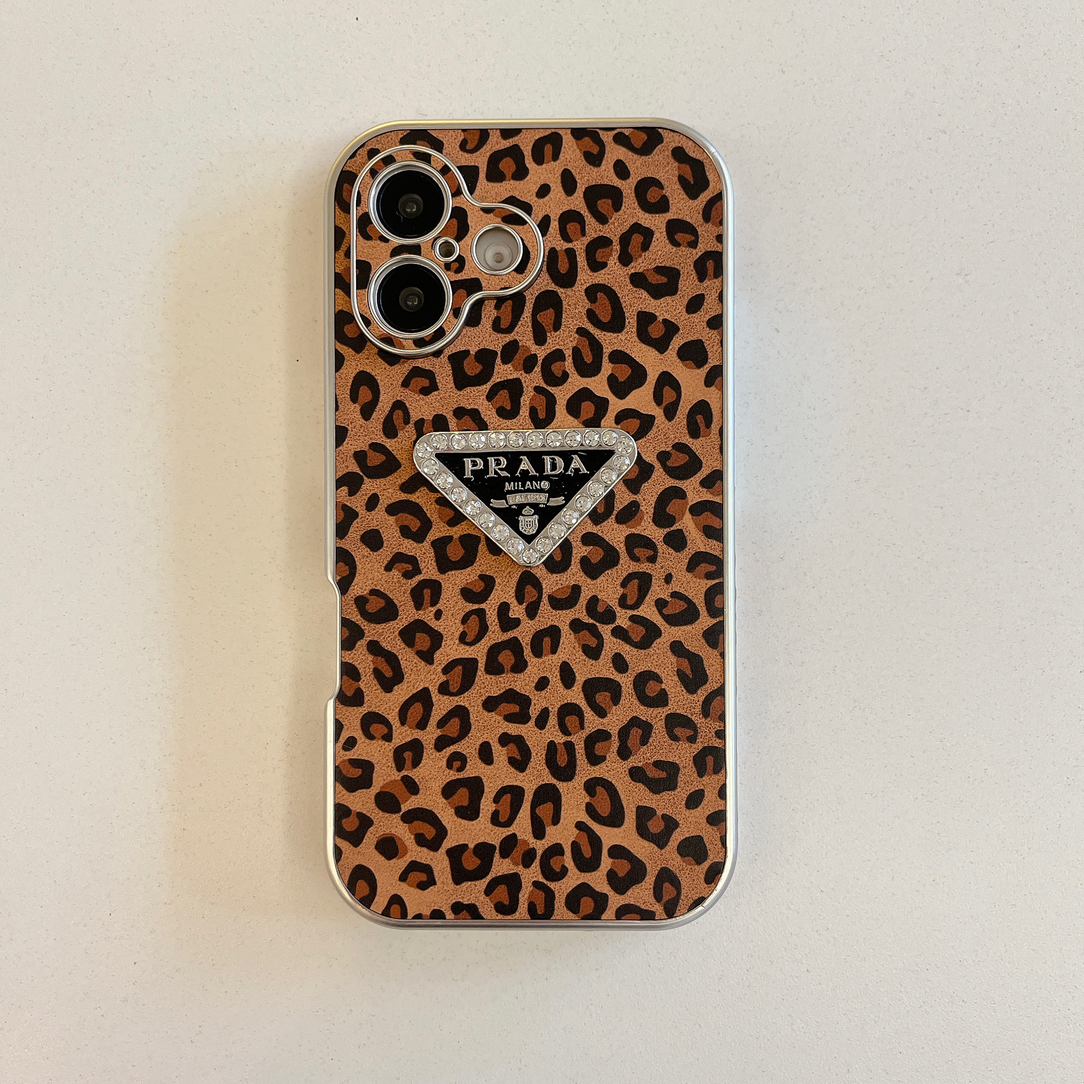 Prada Leopard Leather Diamond Triangle Electroplating Apple New iPhone Case