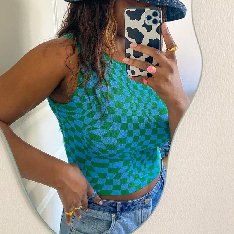 Women Summer Checked Crop Top Female Sleeveless Knitted Vest Plaid Printed Y2K Tank Top Streetwear Fashion Aesthetic Cute Shirts
