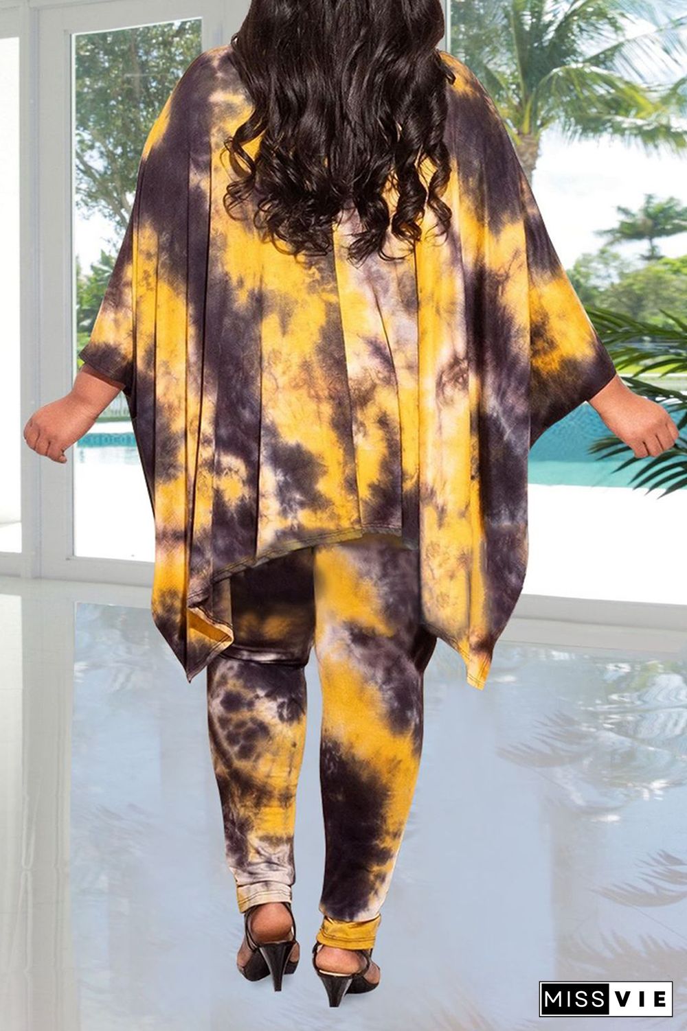 Casual Patchwork Tie-Dye V Neck Plus Size Two Pieces