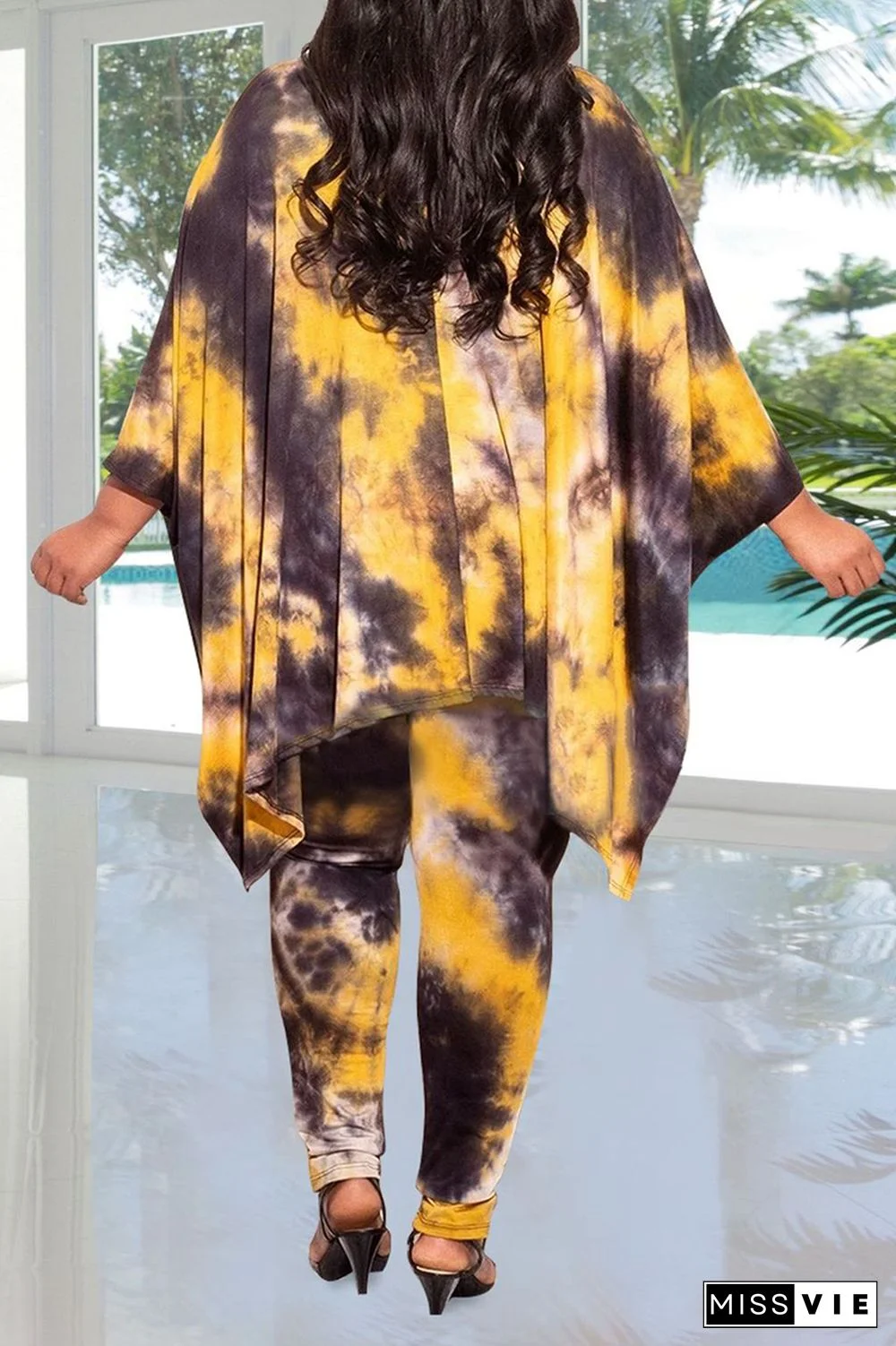 Casual Patchwork Tie-Dye V Neck Plus Size Two Pieces
