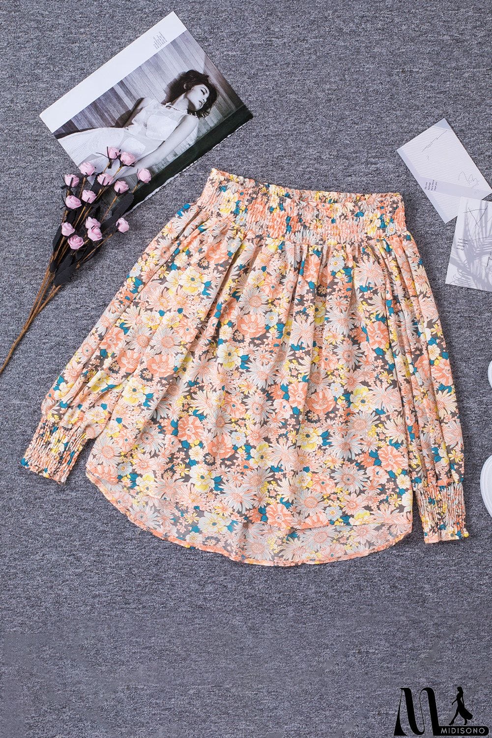 MidiSono - Off The Shoulder Smocked Floral Top